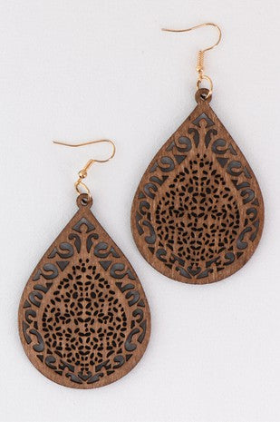 Boho Filigree Laser Cut Teardrop Wood Earrings