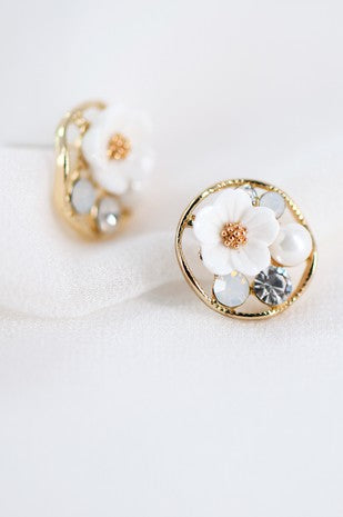 White Crystal Flower Stud Earrings