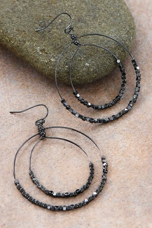 Black Beaded Double Circle Drop Earrings
