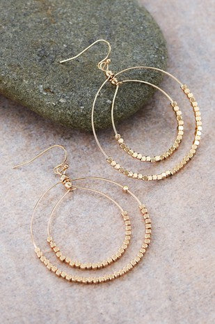 Gold Beaded Double Circle Drop Earrings