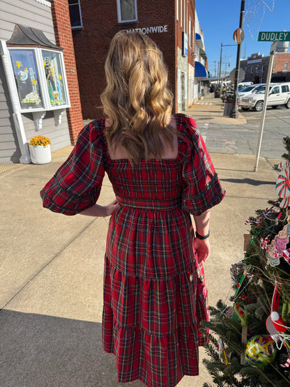 Smocked Plaid Midi Dress