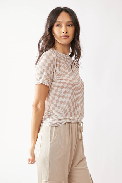 Checker Board Mesh Short Sleeve Top | Ivory Taupe
