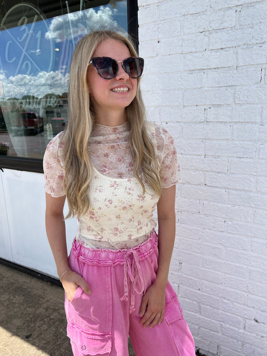 Mock Neck Mesh Lace Sheer Top | Indian Pink