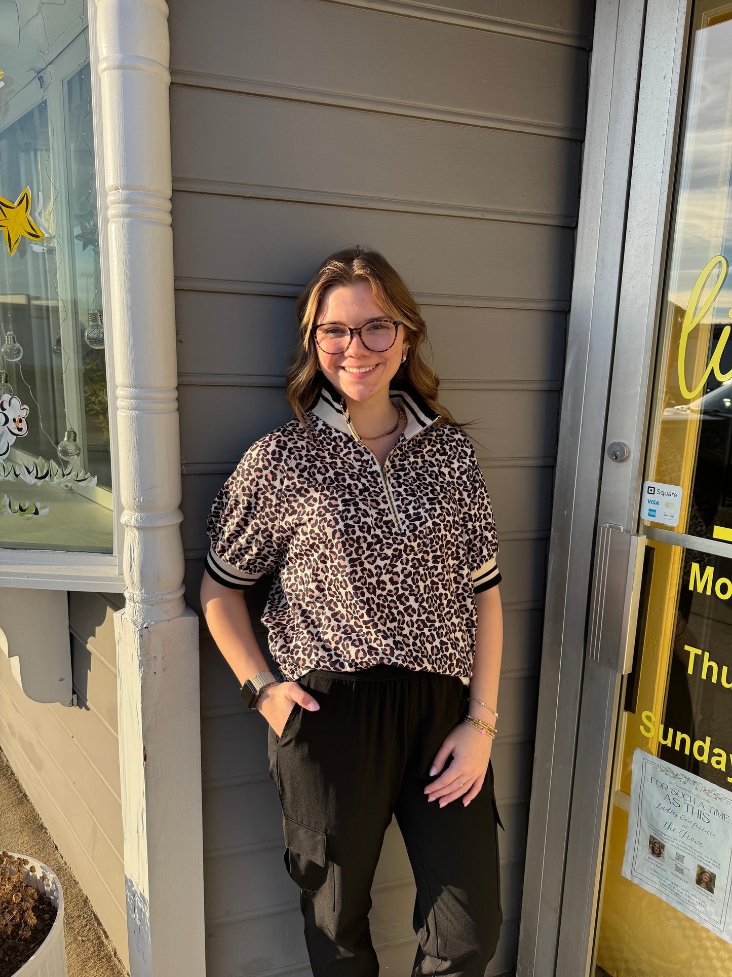 Leopard Half Zip Varsity Top