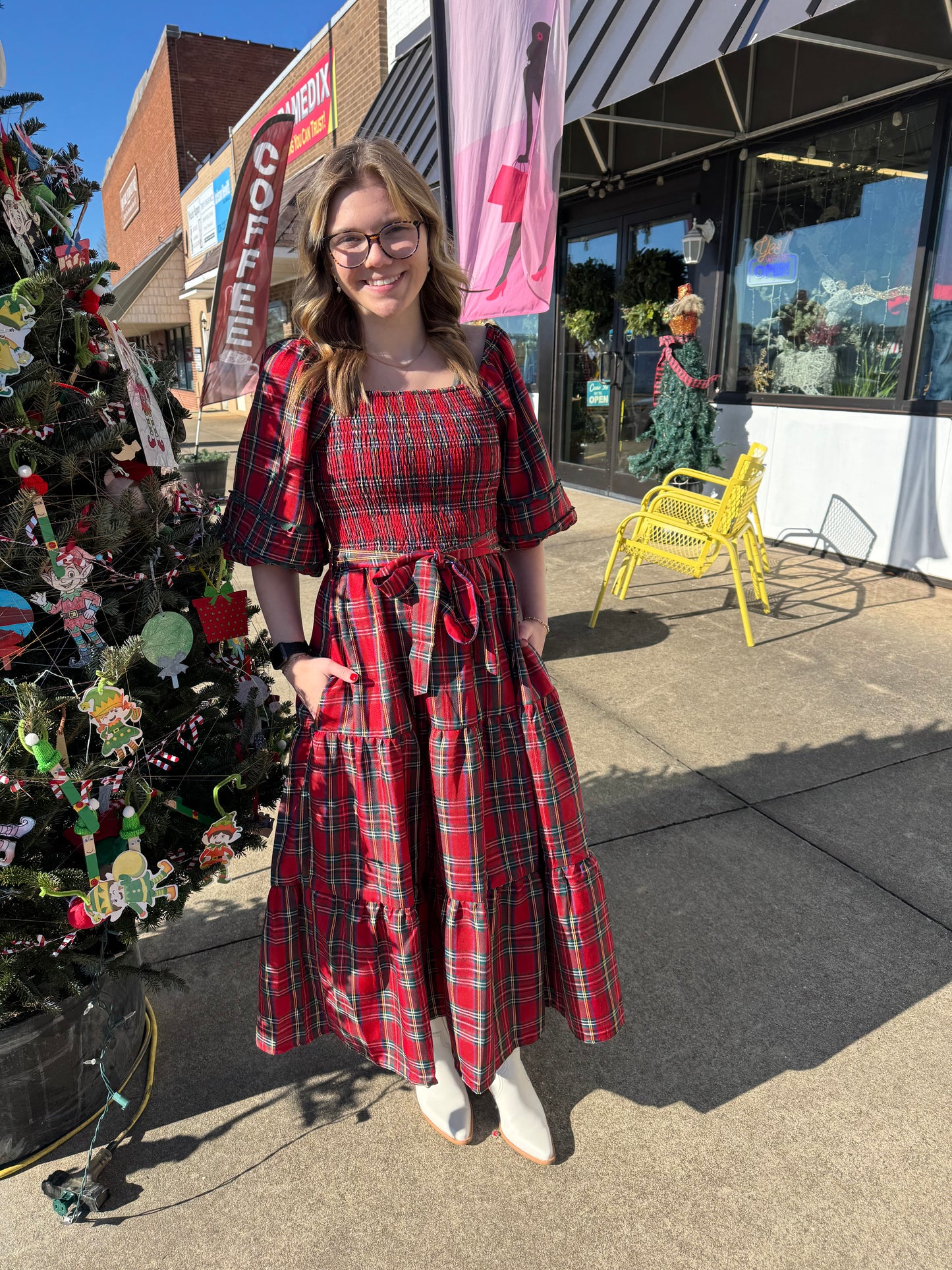 Smocked Plaid Midi Dress