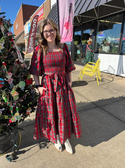 Smocked Plaid Midi Dress
