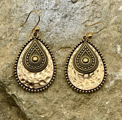 Gold & Bronze Hammered Teardrop Earrings