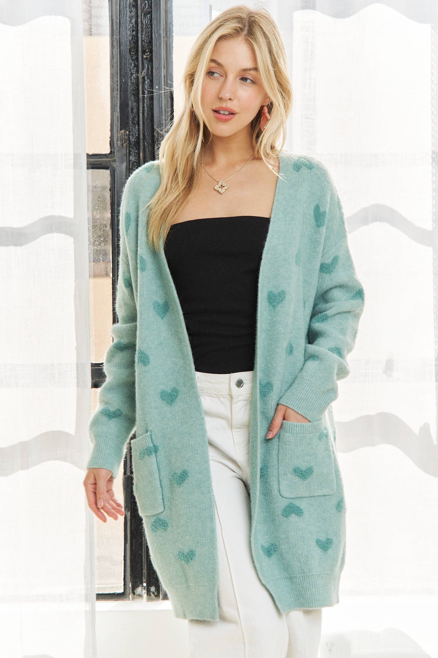 Lovely Heart Sweater Cardigan | Sage