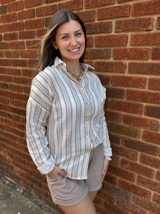 Akoya Dreams Button-Up Top | Khaki Stripe