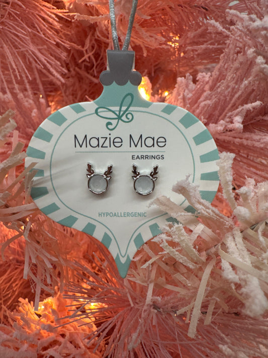 Silver White Opal Reindeer Stud Earrings