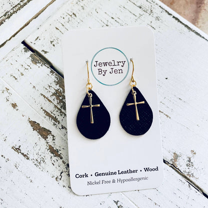 Small Teardrop: Black w/GOLD Cross Charm