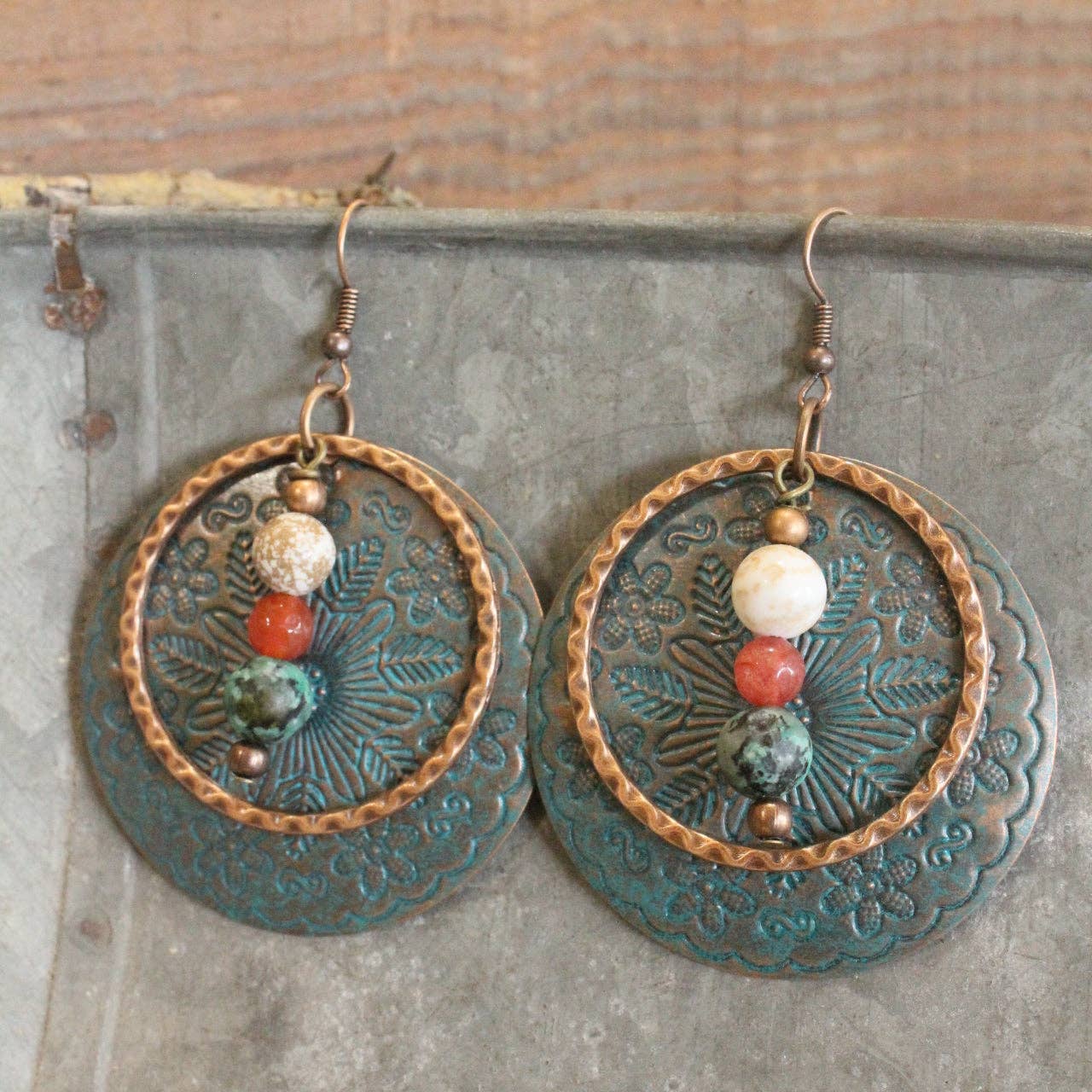 Multi-Colored Natural Stones & Patina Coin Drop Pendant Earrings