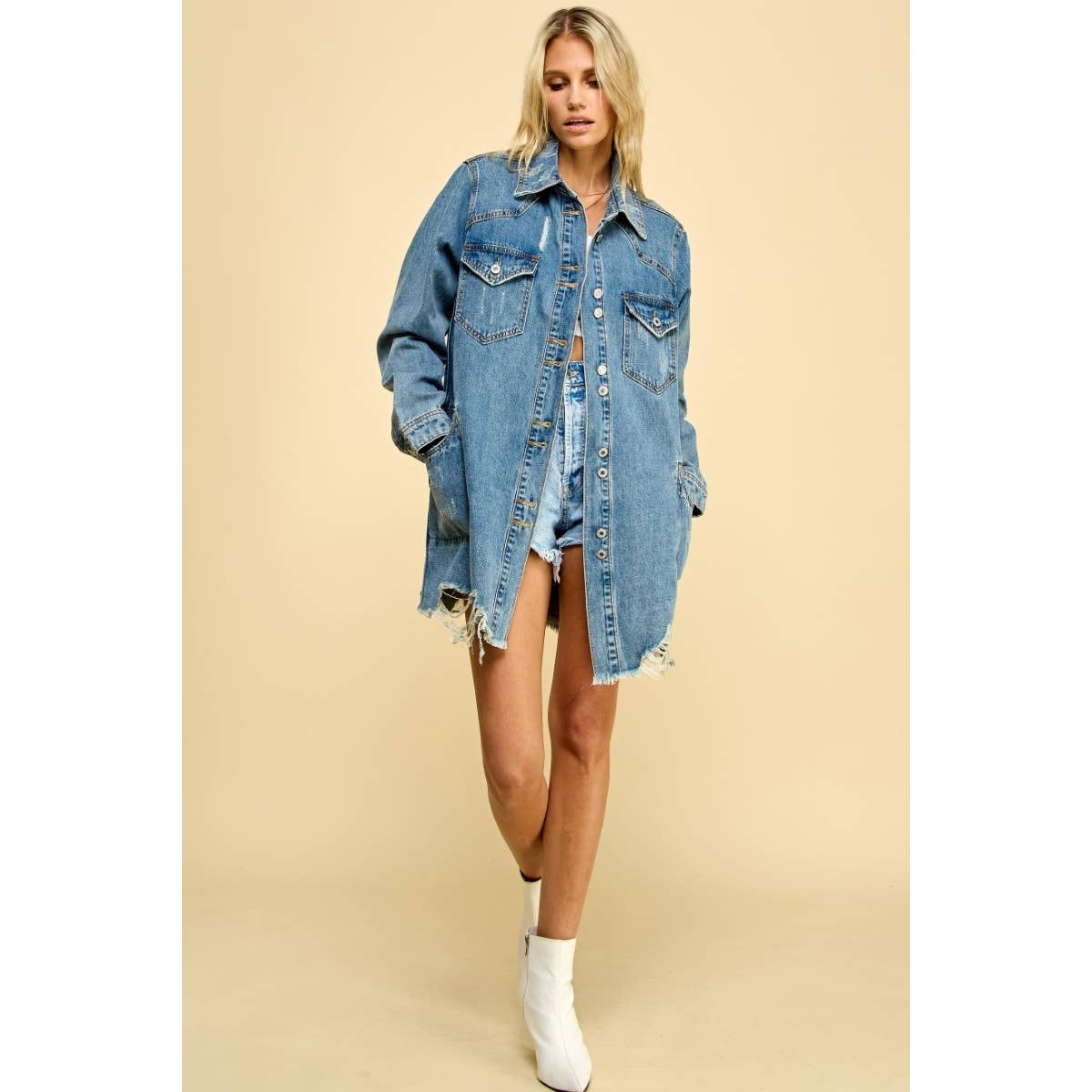 Sadie Distressed Denim Shacket