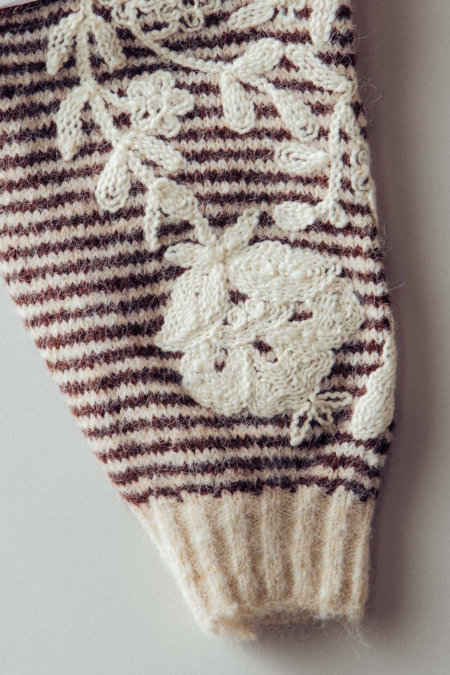 Brown Stripe Embroired Sleeve Sweater