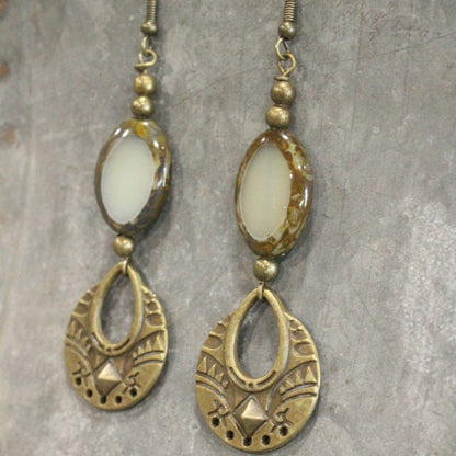 Bronze Ethnic Pendant & Czech Glass Drop Earrings