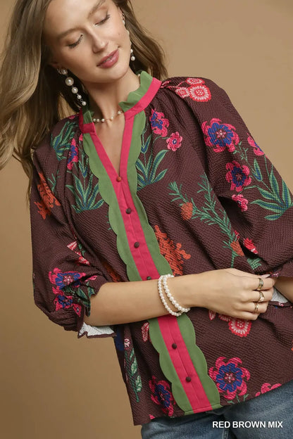 Rosalind Scallop Blouse | Red Brown Mix