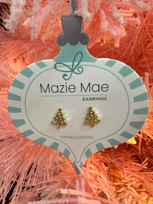 Gold White Opal Christmas Tree Stud Earrings