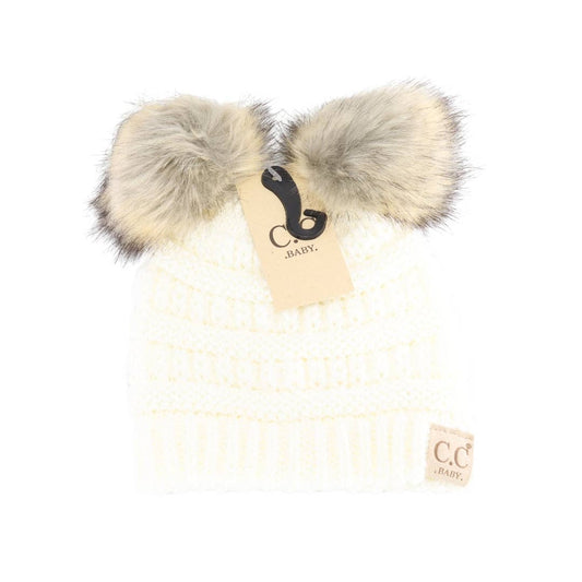 BABY Solid Ribbed Faux Fur Double Pom C.C Beanie