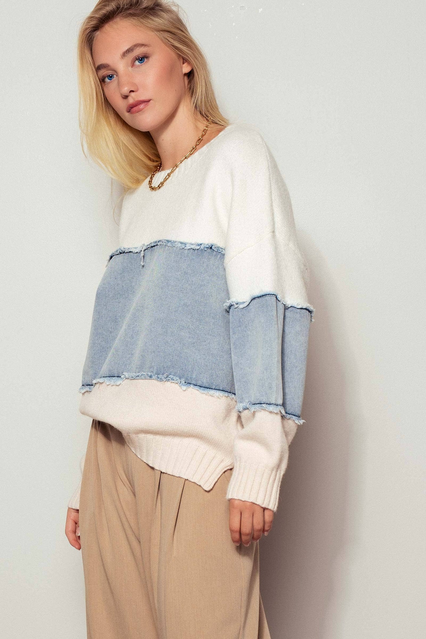 Denim Block Sweater | Ivory