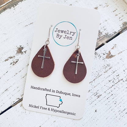 Small Teardrop: Brown w/Cross Charm