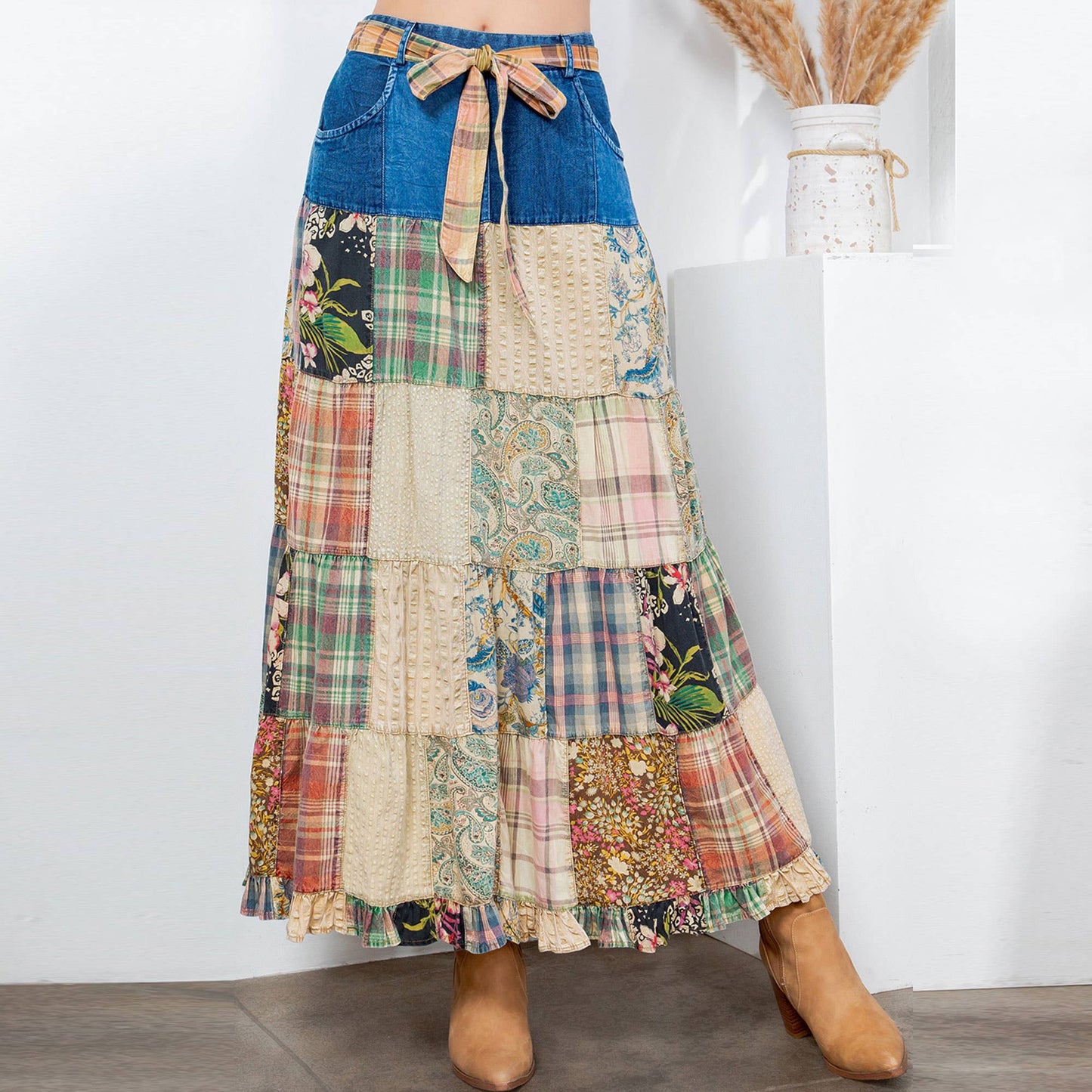 Eva Patchwork Belted Skirt