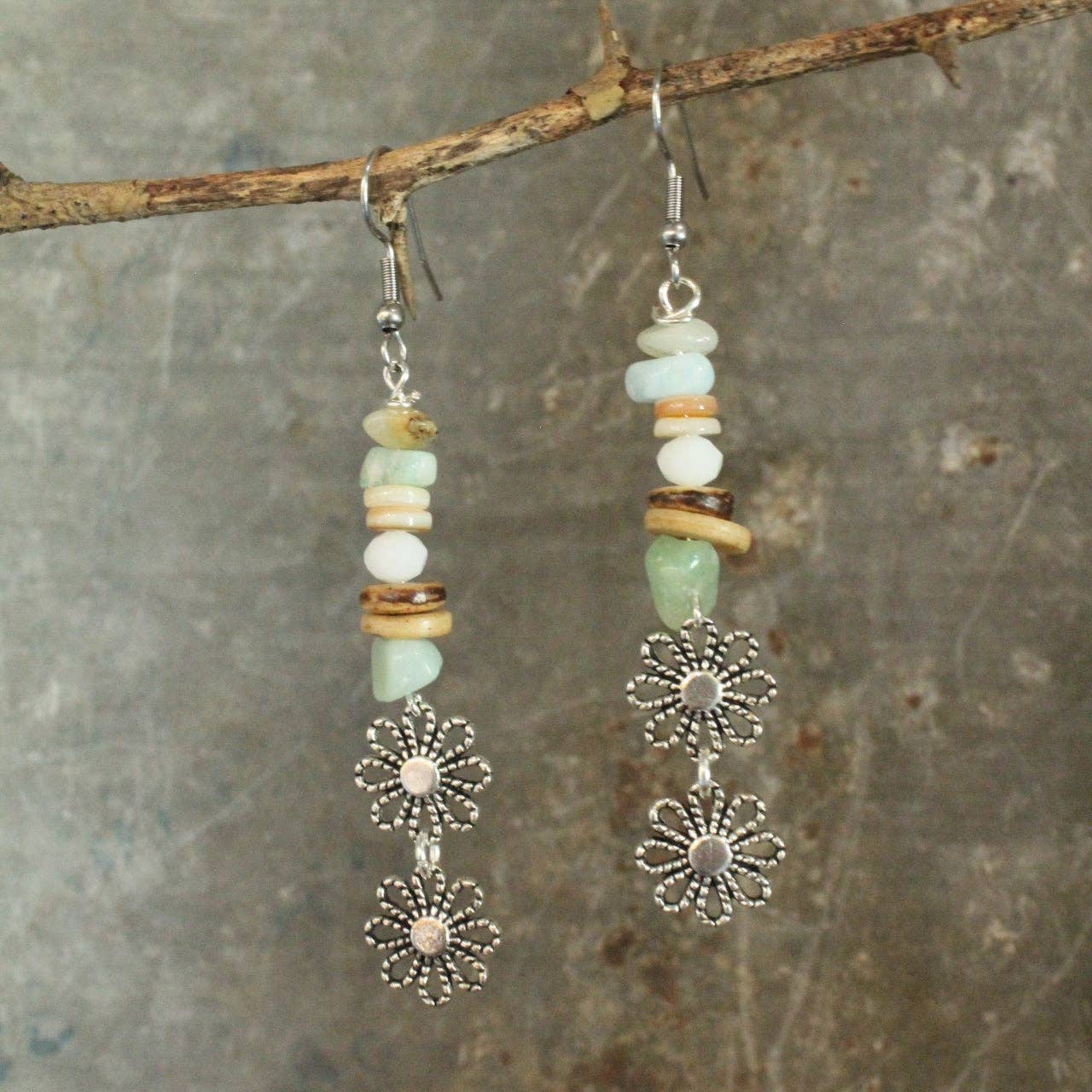 Three Wishes Silver Stone Flower Dangle Earrings