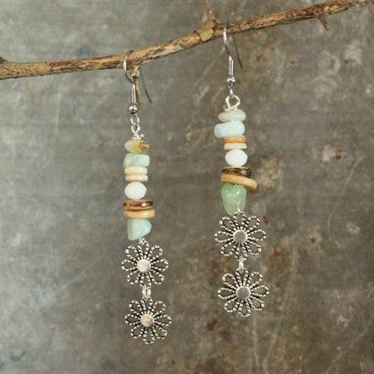 Three Wishes Silver Stone Flower Dangle Earrings