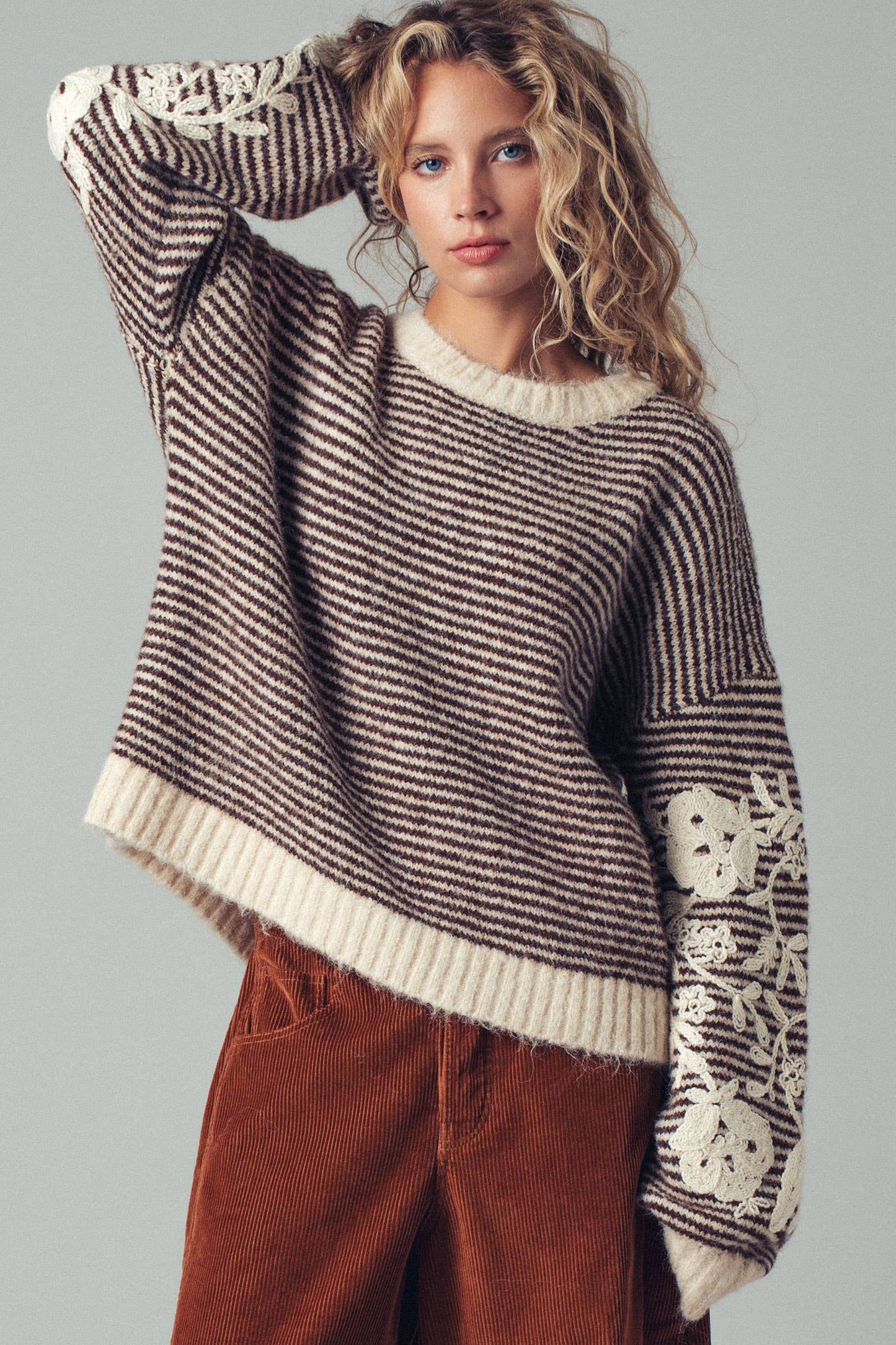 Brown Stripe Embroired Sleeve Sweater