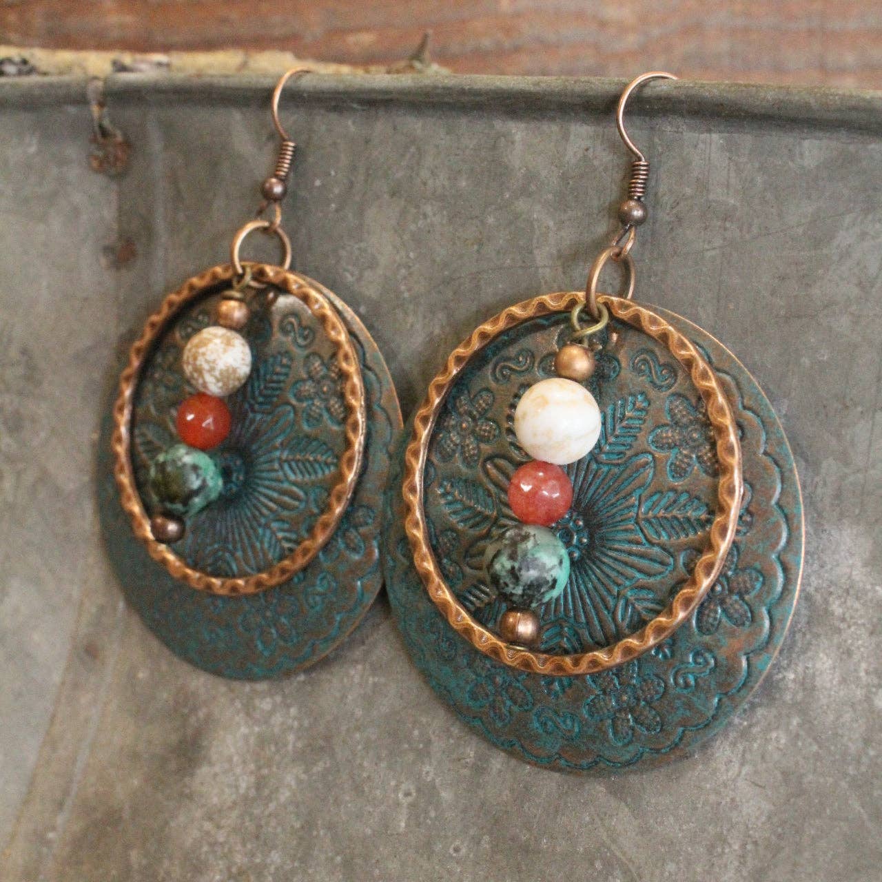 Multi-Colored Natural Stones & Patina Coin Drop Pendant Earrings