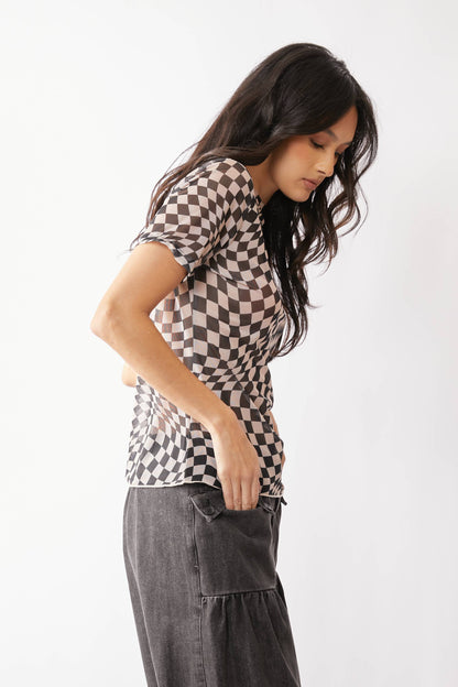 Checker Board Mesh Short Sleeve Top | Black