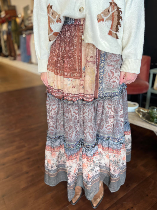 Vintage Patchwork Tiered Maxi Skirt
