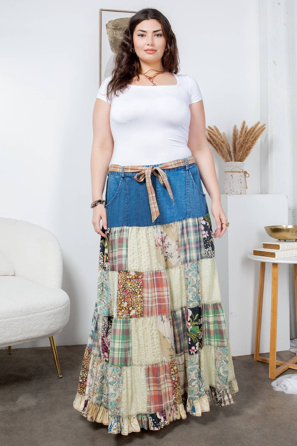 Eva Patchwork Belted Skirt