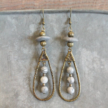 Bronze & Grey Stone Pendant Drop Earrings