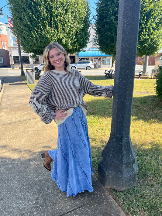 Brown Stripe Embroired Sleeve Sweater
