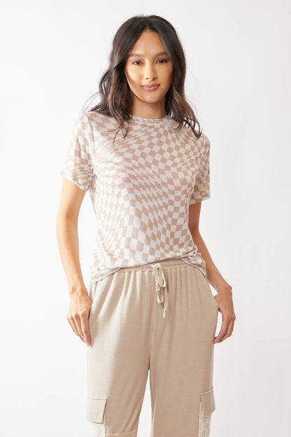 Checker Board Mesh Short Sleeve Top | Ivory Taupe