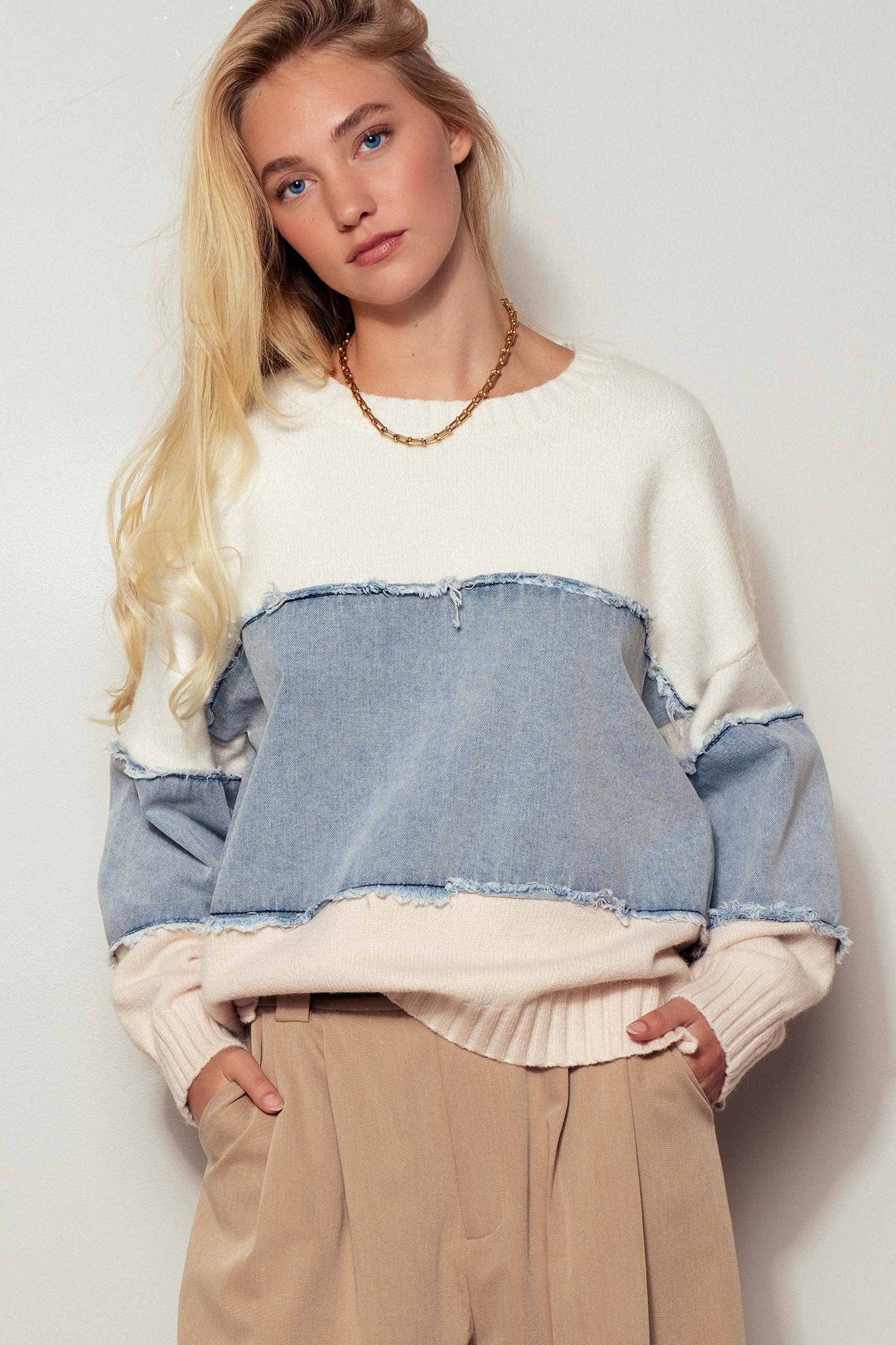 Denim Block Sweater | Ivory