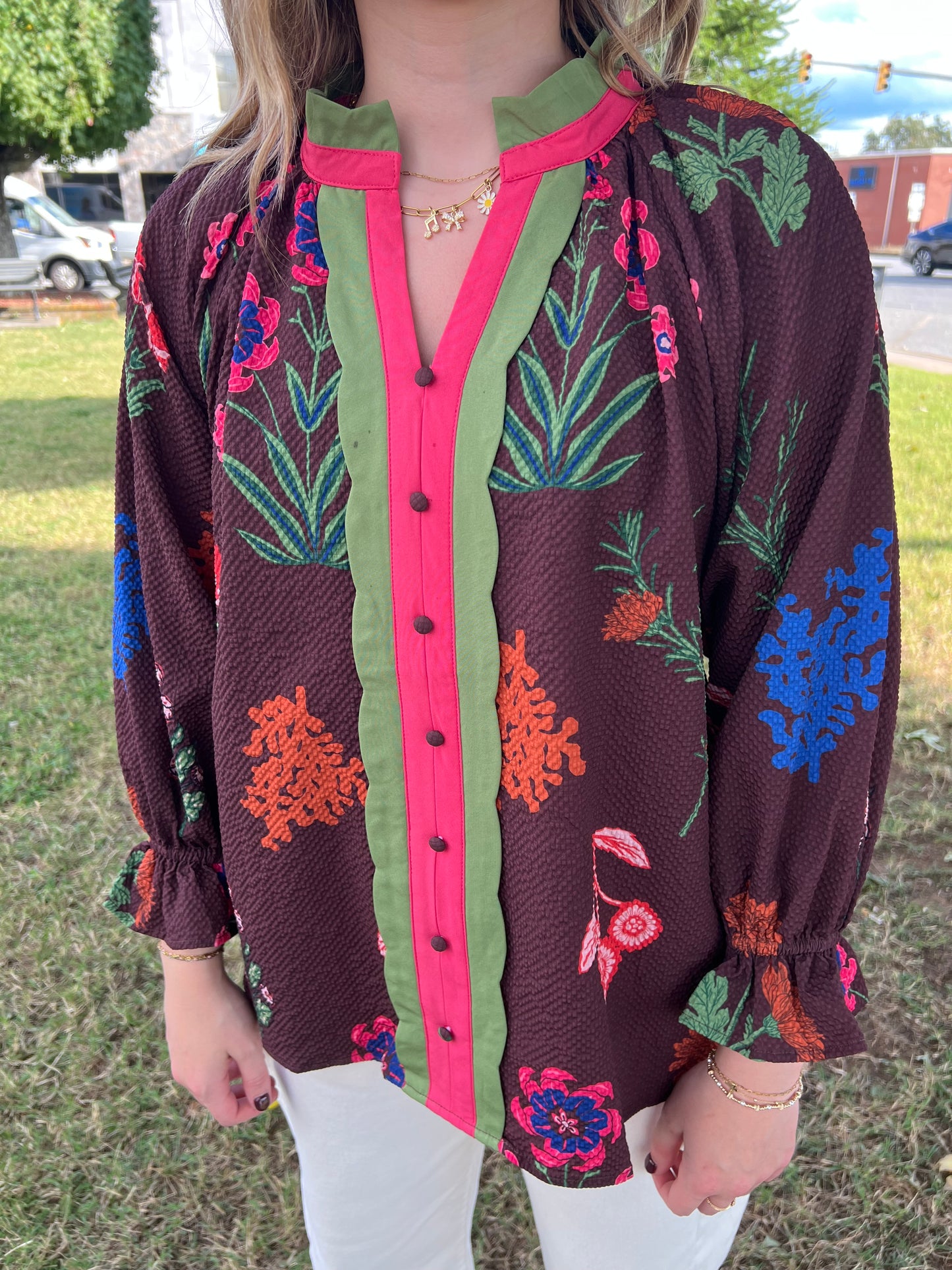 Rosalind Scallop Blouse | Red Brown Mix