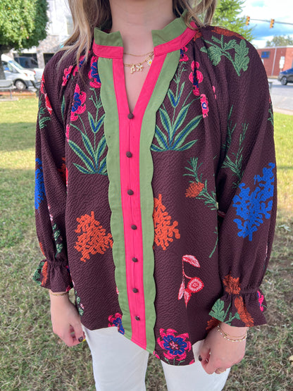 Rosalind Scallop Blouse | Red Brown Mix