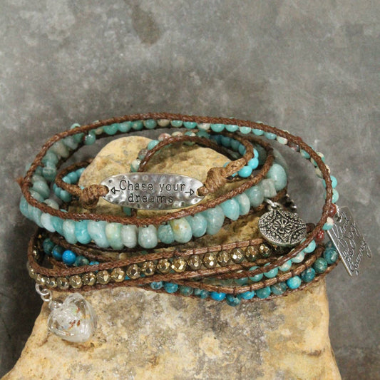 "Chase Your Dreams" Leather & Turquoise Stones Wrap Bracelet