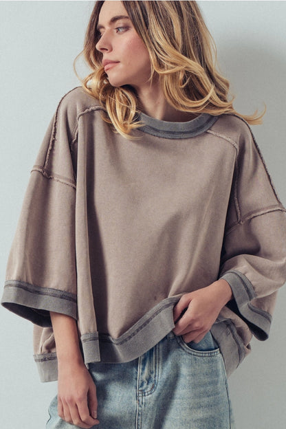 Distressed 3/4 Sleeve Pullover