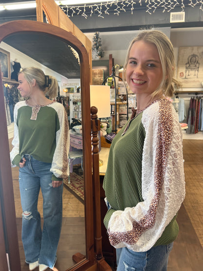 Leopard Lace Green Rib Top