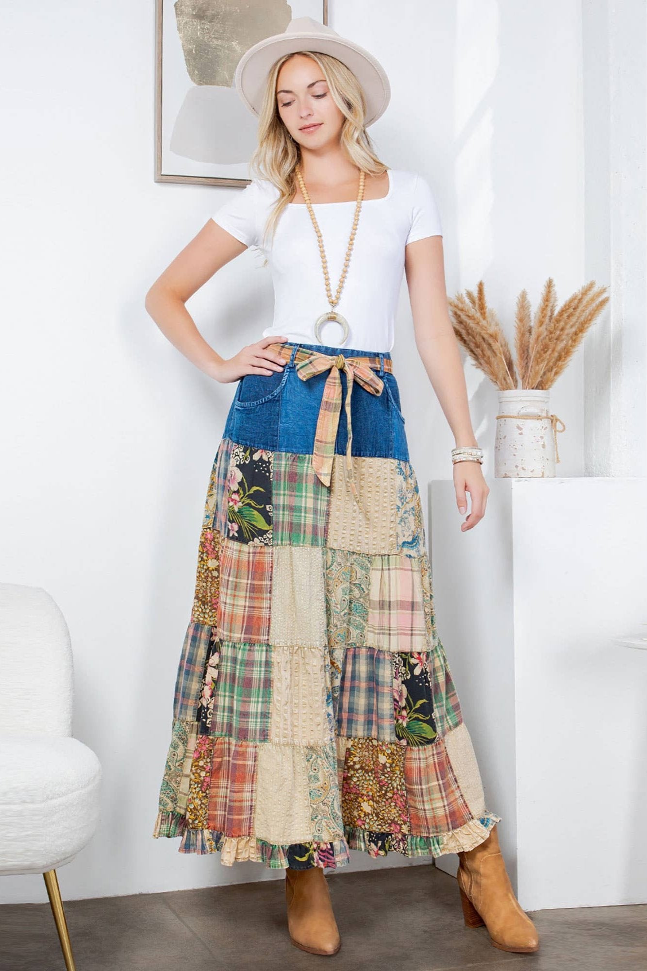 Eva Patchwork Belted Skirt