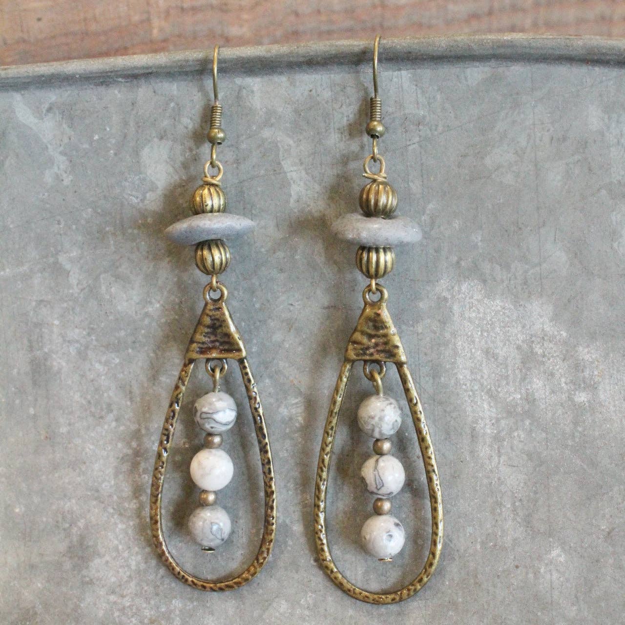 Bronze & Grey Stone Pendant Drop Earrings