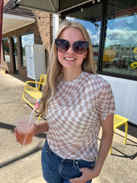 Checker Board Mesh Short Sleeve Top | Ivory Taupe
