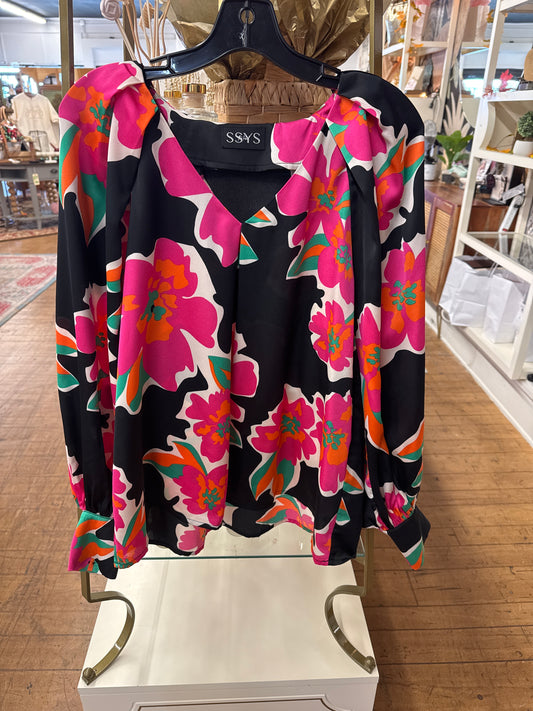 KC - black floral blouse| large