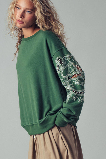 Romantic Lace Embroidered Sleeve Sweatshirt| Green