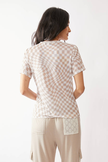 Checker Board Mesh Short Sleeve Top | Ivory Taupe