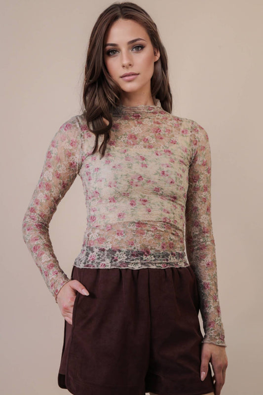 Lucia Lace Mesh Top | Beige Floral