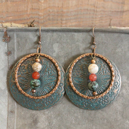 Multi-Colored Natural Stones & Patina Coin Drop Pendant Earrings