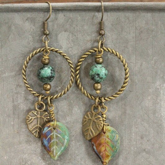 Jade & Czech Fall Leaves Drop Earrings